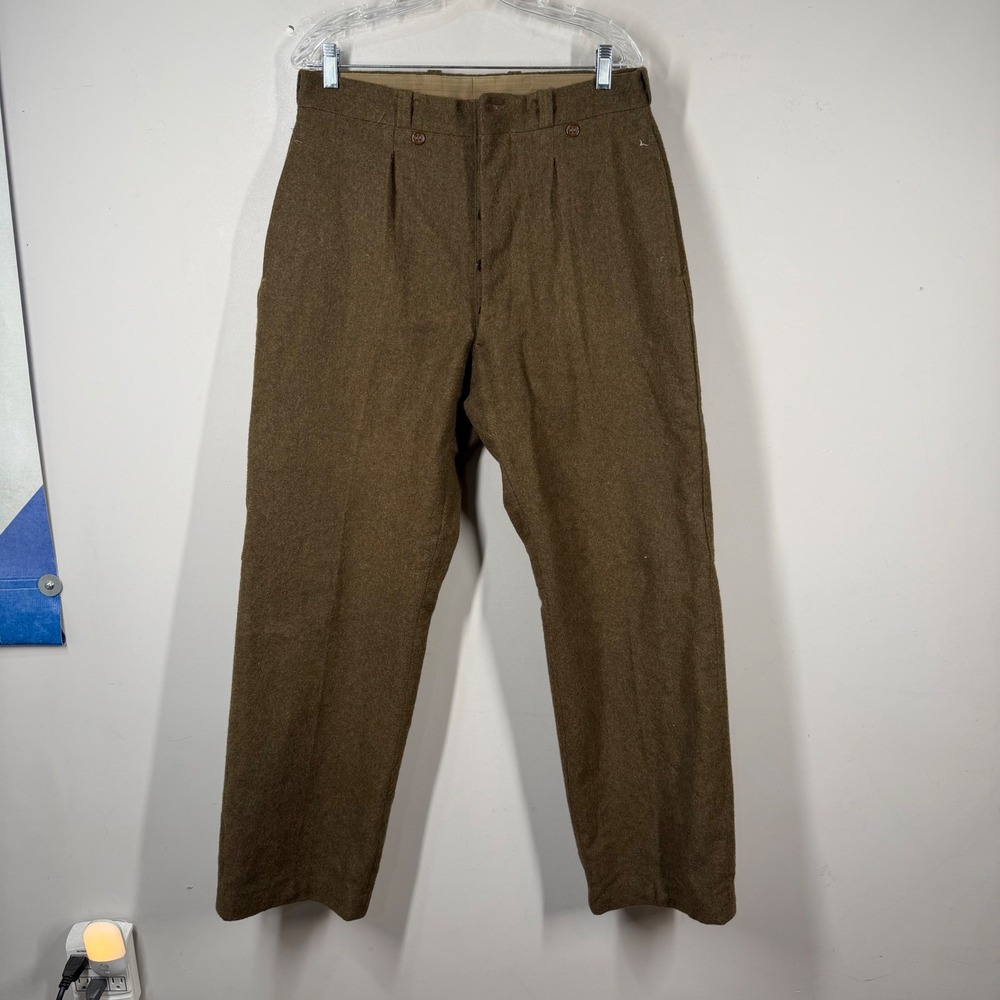 Vintage Military Wool Field Trousers Brown Button Fly Pleated Pants Size 34